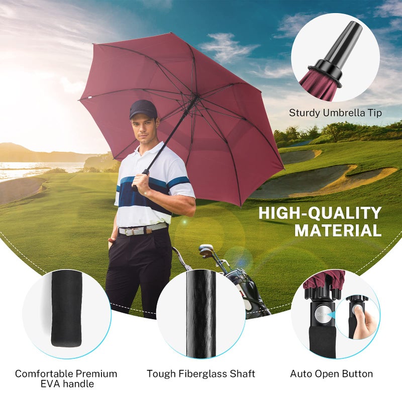 Gonex مظلة جولف كبيرة جداً بطول 68 بوصة من غونيكس، مظلة سفر آلية الفتح مقاومة للماء مع قبة مزدوجة مقاومة للرياح، مظلات كبيرة للرجال 2-3 وحماية من الأشعة فوق البنفسجية، لون نبيذ - Image 3