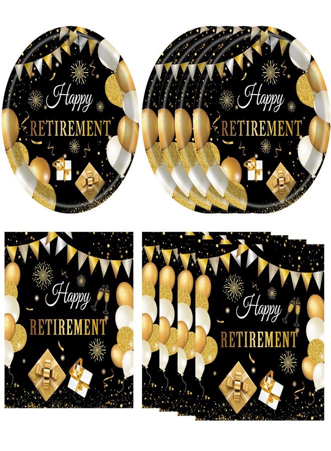 KHAIVI 40PCS Retirement Decorations For Men Happy Retirement Decorations Plates Napkins Tableware Set Black and Golden Disposable Dinnerware Table Decoration Favors for Women Men - Image 1