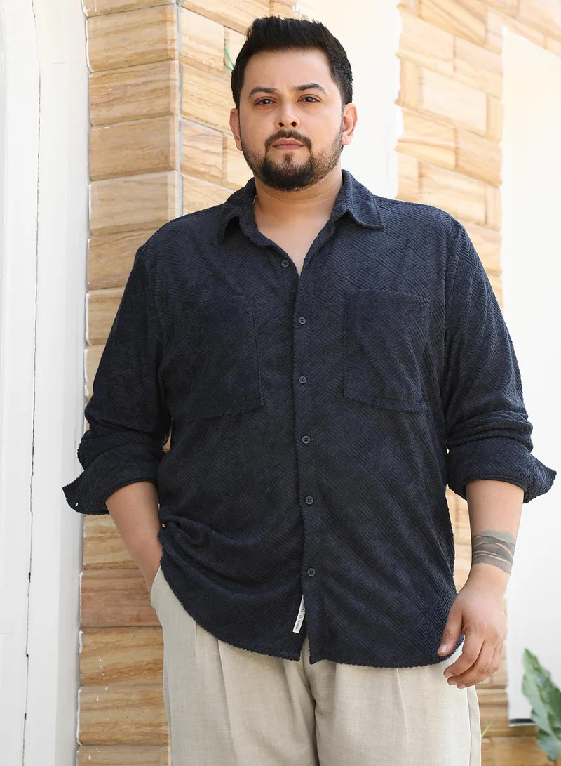 Instafab Plus Instafab Plus Men's Midnight Black Axisline Utility-Relaxed Shirt For Casual Wear | Spread Collar | Long Cuffed Sleeves | Button Closure | Plus Size Shirt Crafted With Comfort Fit For Everyday Wear