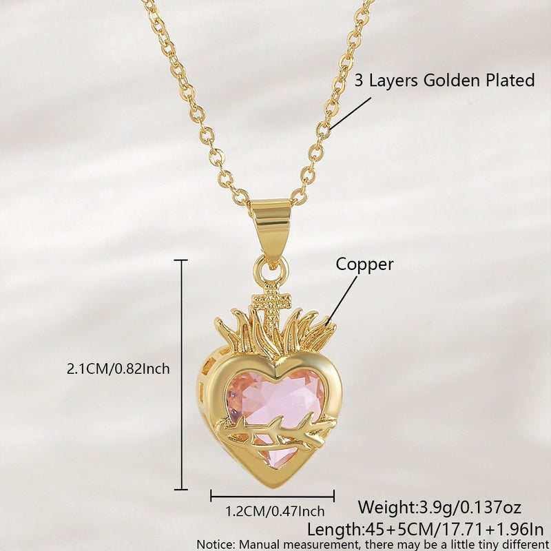 Red Heart Zircon Cross Crown Pendant Necklace for Women, Copper Gold Plated, Fashion Choker Chain - Gold Plated Pink Zircon NAC12-1