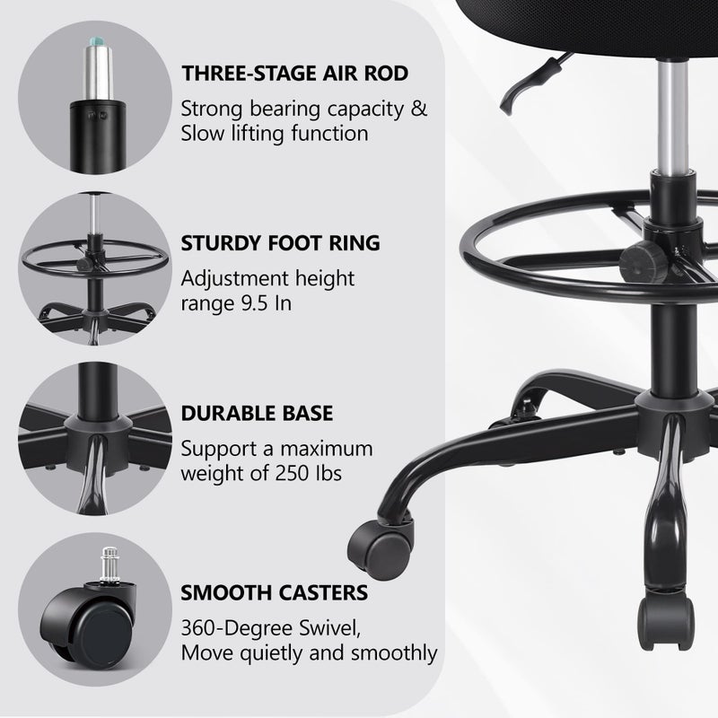Primy Tall Drafting Desk Chair - Armless, Adjustable Height, Mesh Back, Rolling, Standing Desk Chair for Art Room, Office or Home (Black) - Image 3