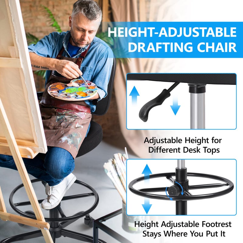 Primy Tall Drafting Desk Chair - Armless, Adjustable Height, Mesh Back, Rolling, Standing Desk Chair for Art Room, Office or Home (Black) - Image 2