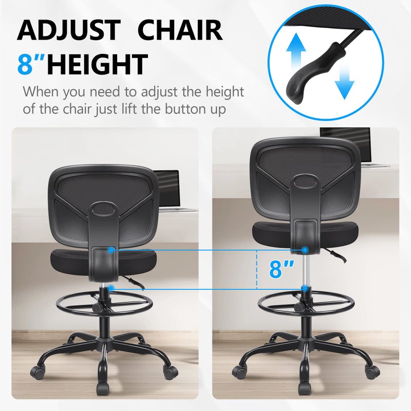 Primy Tall Drafting Desk Chair - Armless, Adjustable Height, Mesh Back, Rolling, Standing Desk Chair for Art Room, Office or Home (Black) - Image 5