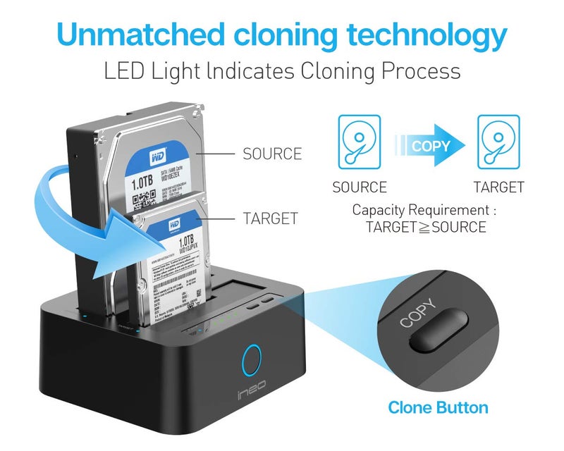 ineo USB 3.1 Gen1 to SATA 2.5" or 3.5 inch SSD/HDD Docking Station (Clone Docking) - Image 2
