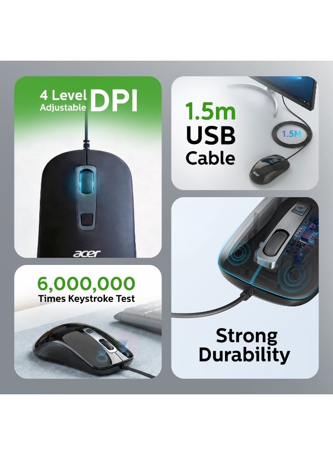 أيسر ماوس بصري سلكي - 1000 DPI، توصيل USB وتشغيل، تصميم مريح لكلا اليدين، كابل بطول 1.5م، تنقل موثوق للابتوب والكمبيوتر الشخصي - Image 2