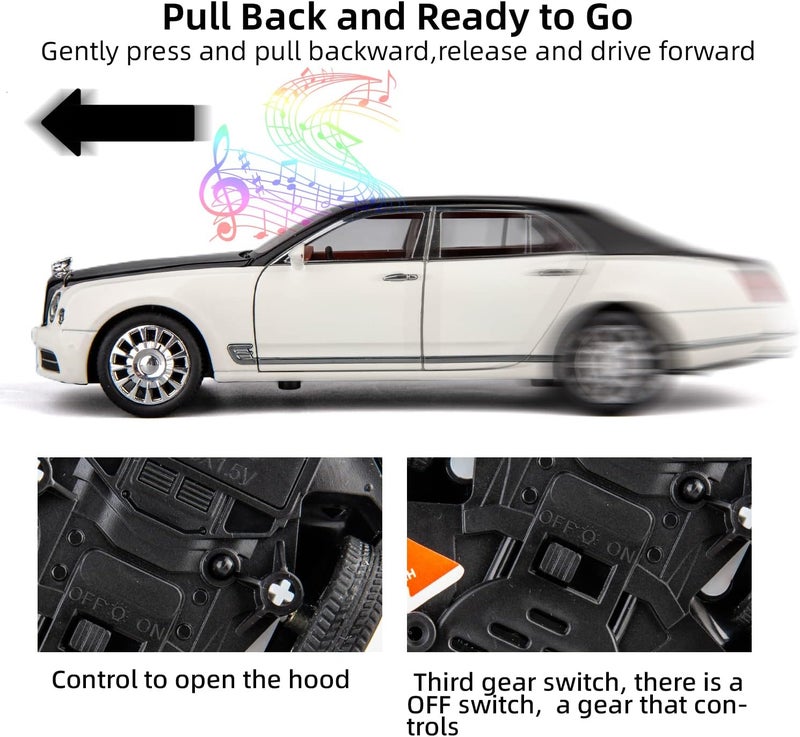 BDTCTK Compatible for 1:24 Scale Bentley Mulsanne Diecast Cars Models, Pull Back Car Toys with 6 Open Doors, Light and Sound, Boys Toys Kids Adults Gifts (White) - Image 3