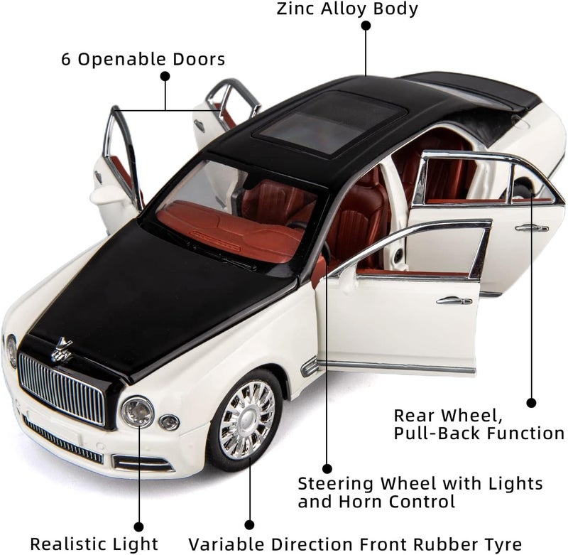 BDTCTK Compatible for 1:24 Scale Bentley Mulsanne Diecast Cars Models, Pull Back Car Toys with 6 Open Doors, Light and Sound, Boys Toys Kids Adults Gifts (White) - Image 4