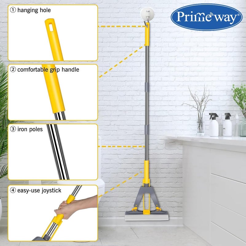 Primeway ® ممسحة تنظيف الأرضيات الرطبة بتصميم فراشة ذاتية العصر من PVA | مقبض مطلي بالحديد بطول 124 سم | قطعة إضافية واحدة للتجديد | إسفنجة فائقة الامتصاص بطول 28 سم | تصميم سحب جديد بدون ذراع | رمادي - Image 3