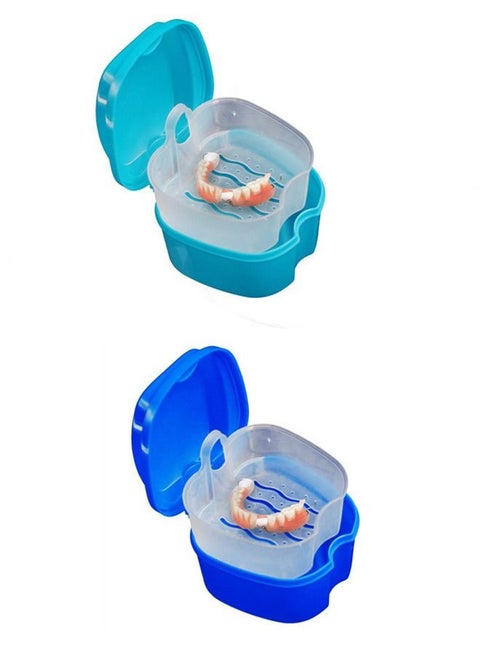 Denture Case, Denture Cup with Strainer, Denture Bath Box False Teeth Storage Box with Basket Net Container Holder for Travel, Retainer Cleaning (Green +Blue)