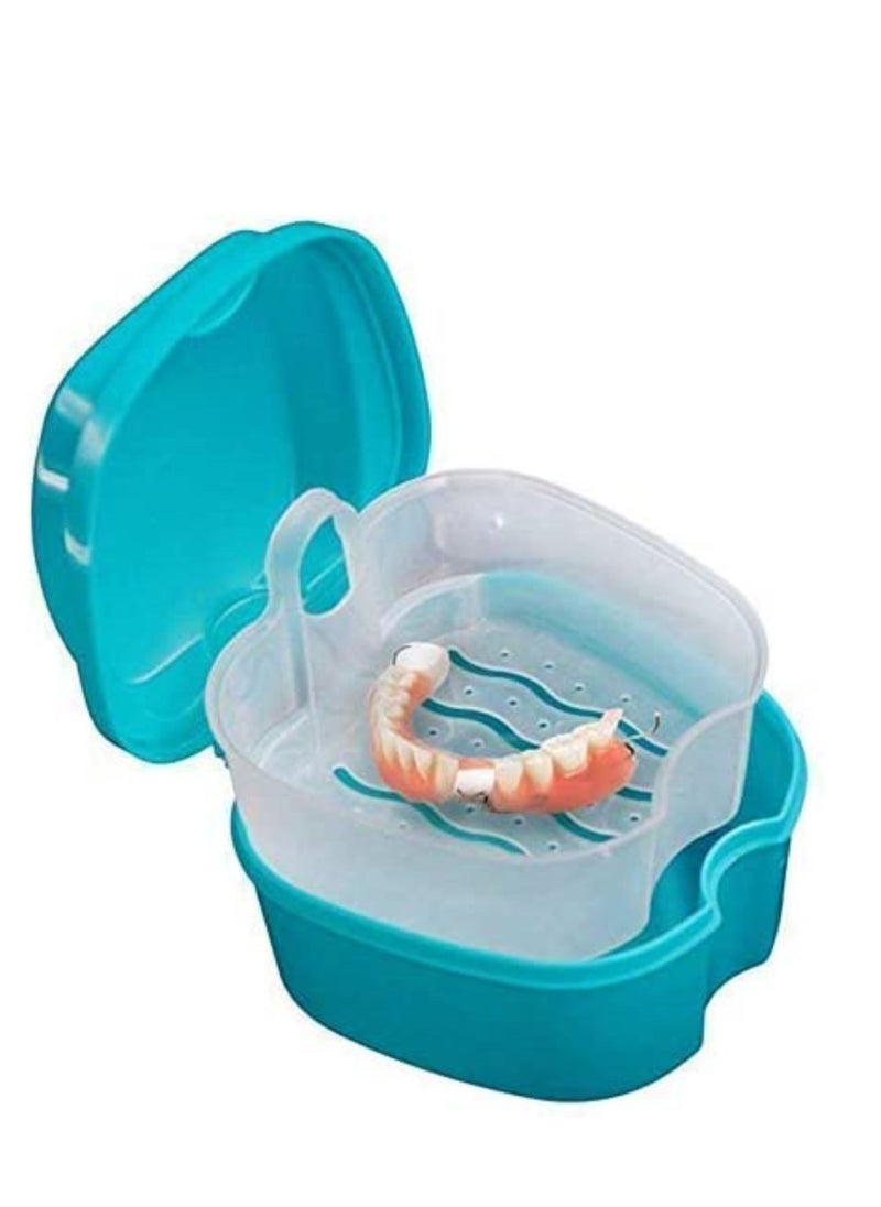 Generic - Denture Case, Denture Cup with Strainer, Denture Bath Box False Teeth Storage Box with Basket Net Container Holder for Travel, Retainer Cleaning (Green +Blue) - Image 1