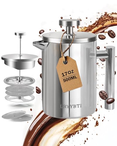 LRYYBTI French Press Coffee Maker, Stainless Steel Coffee Press with scale lines (Silver, 17 OZ) - Image 1