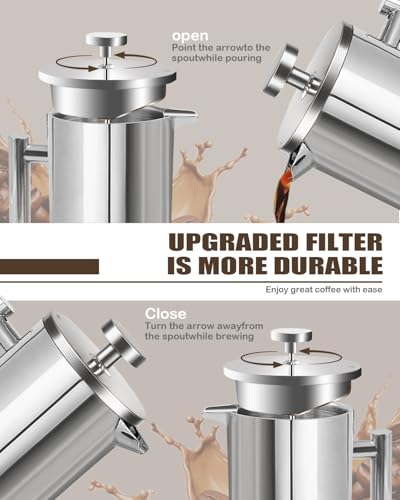 LRYYBTI French Press Coffee Maker, Stainless Steel Coffee Press with scale lines (Silver, 17 OZ) - Image 5