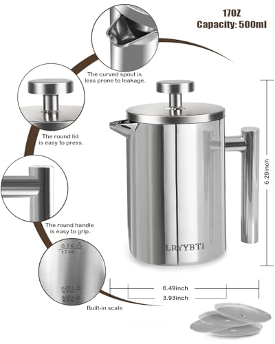 LRYYBTI French Press Coffee Maker, Stainless Steel Coffee Press with scale lines (Silver, 17 OZ) - Image 2