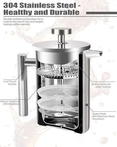 LRYYBTI French Press Coffee Maker, Stainless Steel Coffee Press with scale lines (Silver, 17 OZ) - Image 4