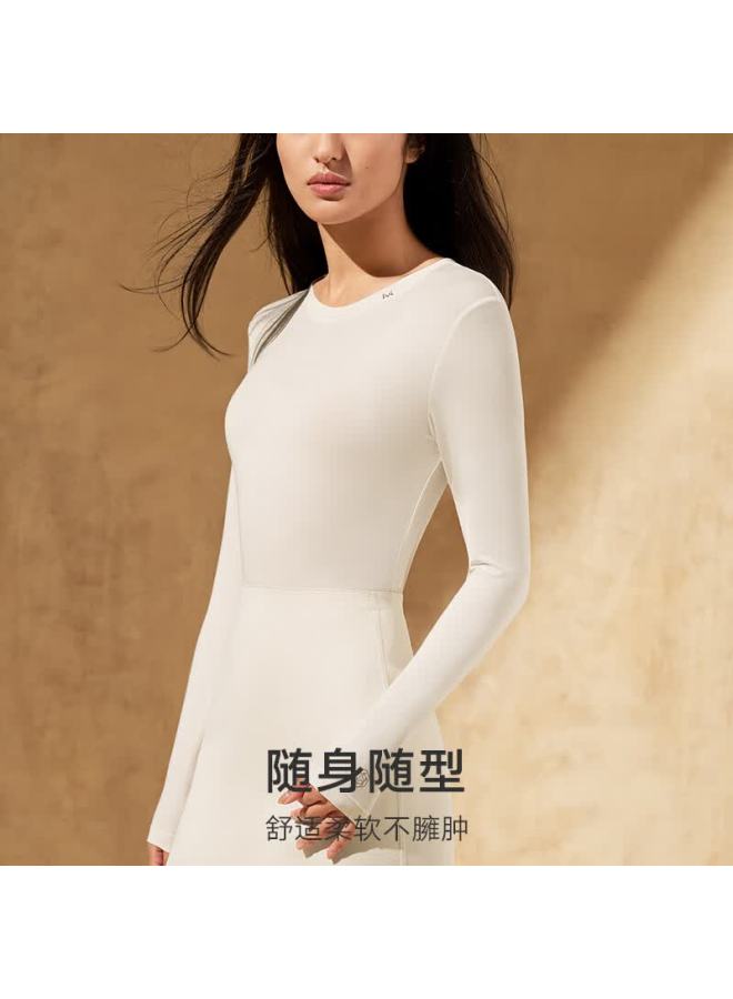 Maniform Camellia Oil Women's Thermal Seamless Round Neck Lightweight Slim Moisturizing Base Layer Shirt