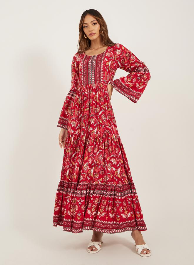 Floral Print Bell Sleeves A-Line Maxi Dress