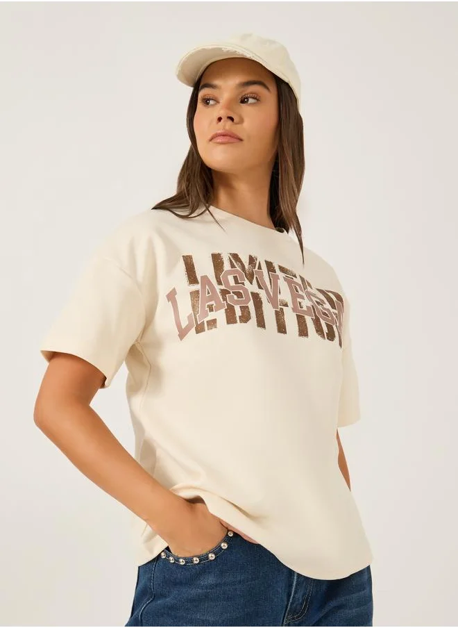 ستايلي Styli Slogan Print Short Sleeve Oversized T-Shirt