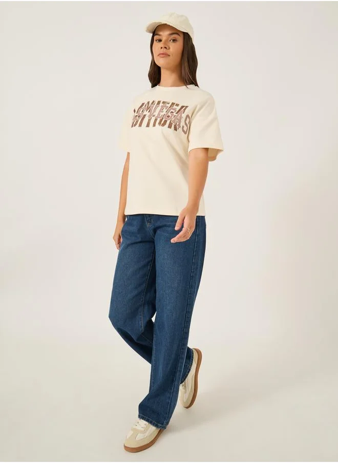 ستايلي Styli Slogan Print Short Sleeve Oversized T-Shirt