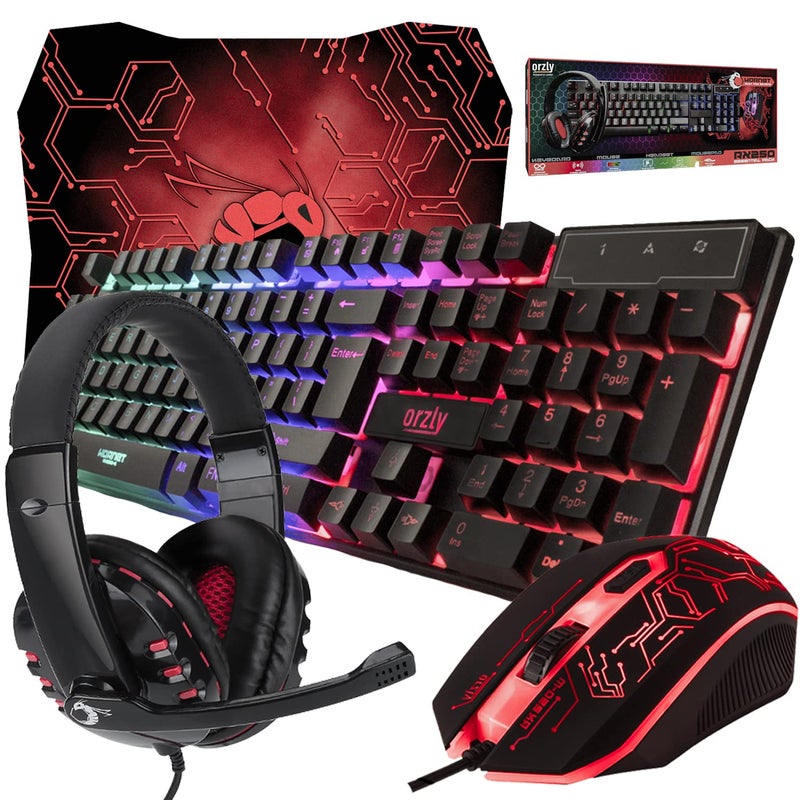Orzly Gaming Keyboard and Mouse and Mouse pad and Gaming Headset, Wired LED RGB Backlight Bundle for PC Gamers and Xbox and PS4 Users - 4 in 1 Edition Hornet RX-250 - Image 1