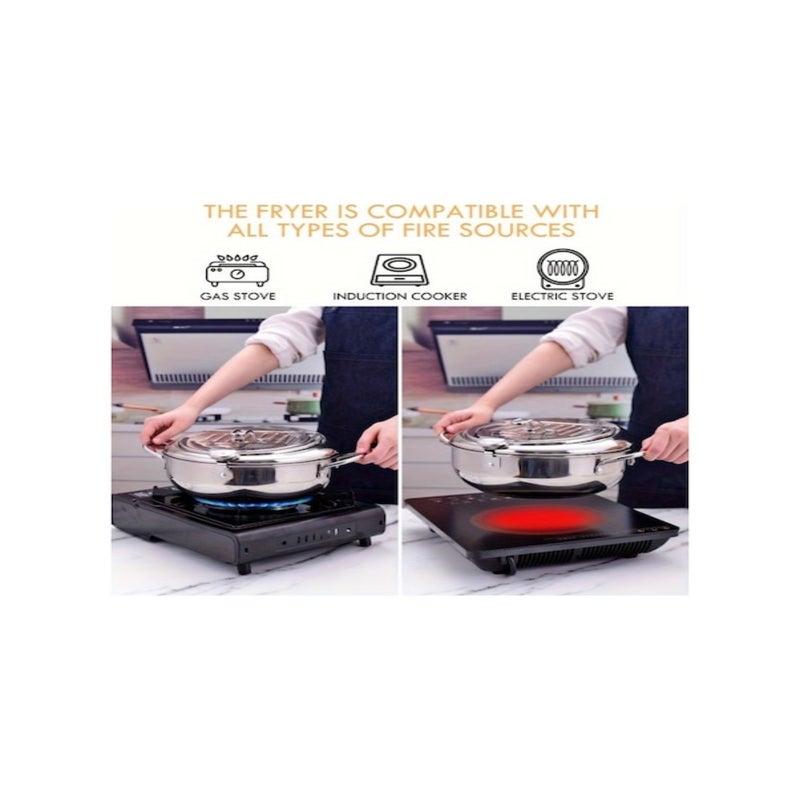 مقلاة مقلية عميقة من الفولاذ المقاوم للتآكل المُسماكة، مقلاة مقلية صغيرة اليابانية قابلة للتحكم في درجة الحرارة لتحضير التمبورا، مقلاة مقلية مصغرة مع مصفاة وذراعين - Image 5