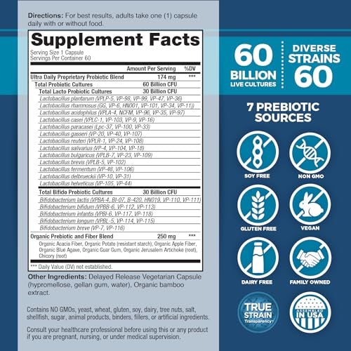 Vital Planet Vital Flora Ultra Daily Probiotic 60 Billion CFU Diverse Strains Organic Prebiotics Immune Support Bloating Relief Digestive Health Probiotics for Women and Men 60 Capsules - Image 5