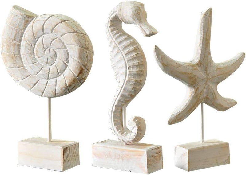 Exttlliy Worldwide simple practical design 3pcs Wood Handmade Beach Nautical Style Figurines Starfish/Conch/Seahorse Statue Home Decor Fade proof - Image 1