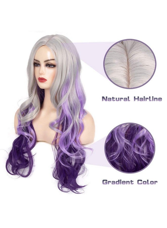 Beweig Long Curly Wavy Silver Grey to Purple Wig Side Part Natural Looking Synthetic Cosplay Wig for Women - Image 2