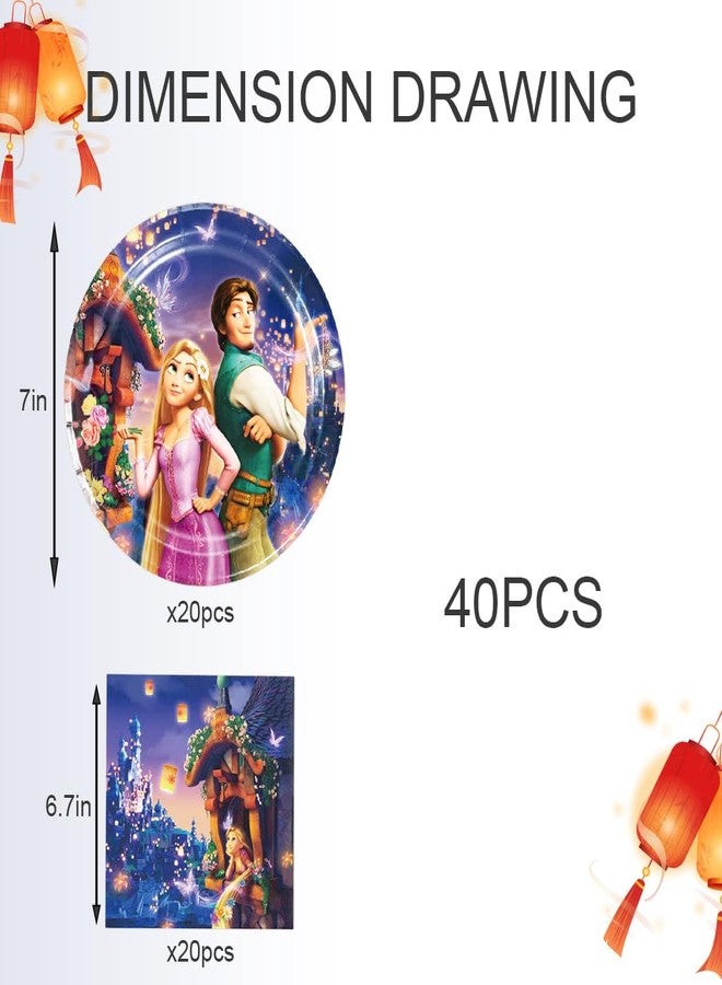 Omto 40Pcs Rapunzel Party Supplies include 20 plates, 20 napkins for the Rapunzel birthday party Decoration - Image 2