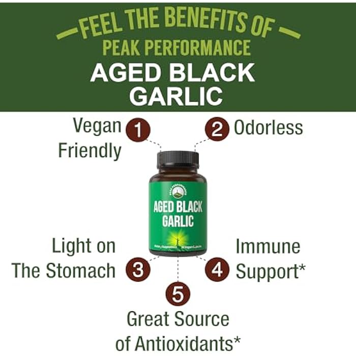 Peak Performance Aged Black Garlic Capsules. Raw Vegan Pure Odorless Extract Supplement Pills for Cholesterol, and Immune Support. from Garlic Bulb with S-Allyl Cysteine and Antioxidants - Image 2
