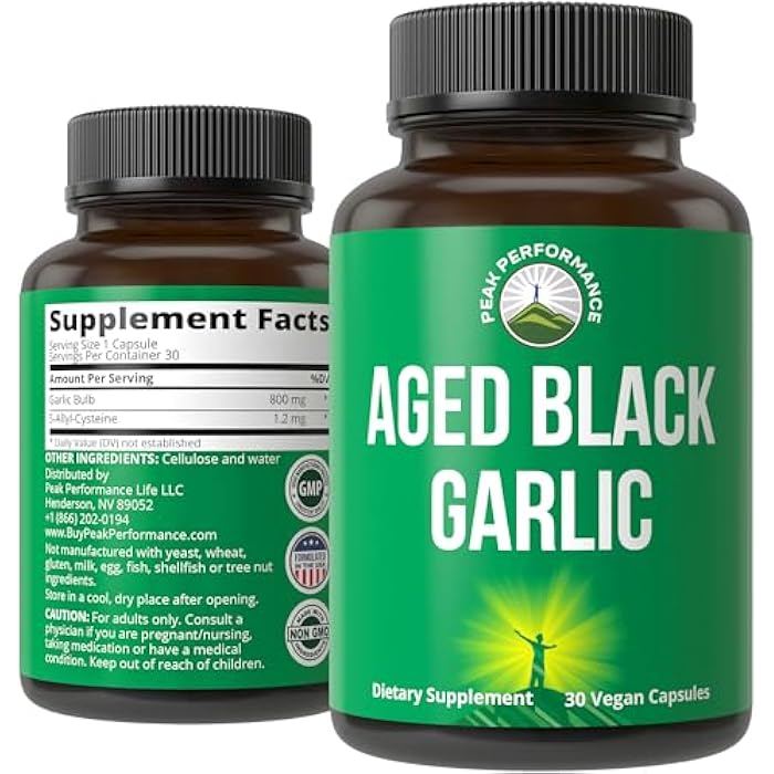 Peak Performance Aged Black Garlic Capsules. Raw Vegan Pure Odorless Extract Supplement Pills for Cholesterol, and Immune Support. from Garlic Bulb with S-Allyl Cysteine and Antioxidants - Image 1