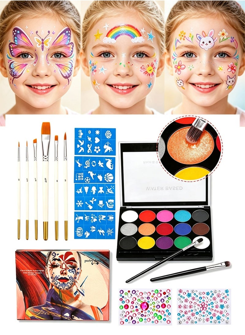 YOUGE 13PCS Face Painting Kit for Kids - 15 Color Large Water Based Makeup Paints with Stencils, 7 Brushes, Makeup Kit, Safe Professional Body & Face Paint Kit - Image 1