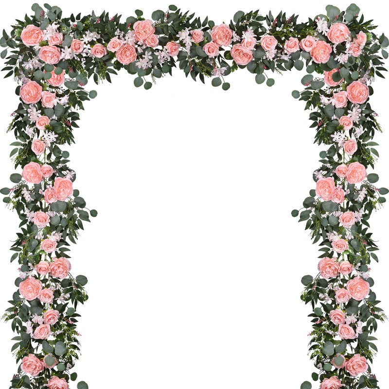 Lvydec 2 Pack Artificial Peony Flower Garland - 6ft Silk Peony Vine Willow Leaves and Eucalyptus Garland White Arch Flower Vine for Wedding Party Table Decoration (Pink) - Image 1