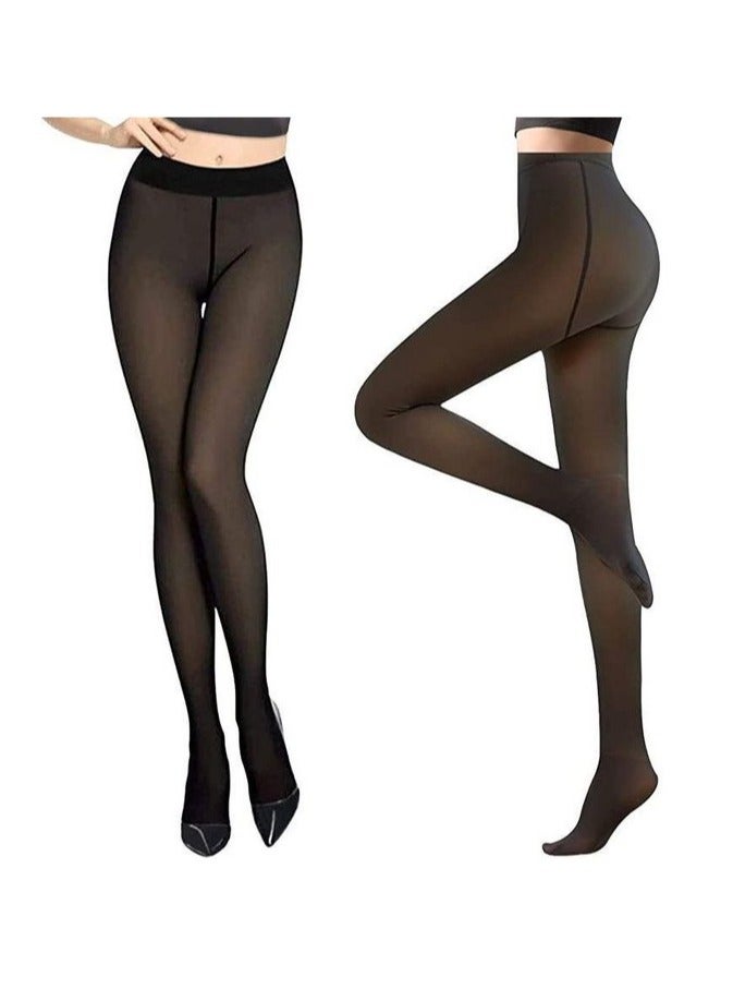 Thermal Tights for Women Fleece Lined Fake Translucent Pantyhose Magic Double Lined Stretch Thermal Fleece Tights Black Full Foot Size L - Image 1