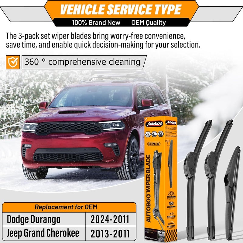AUTOBOO 22in+21in Replacement Original Factory Quality Windshield Wipers with 12in Rear (Pack of 3) - Image 2