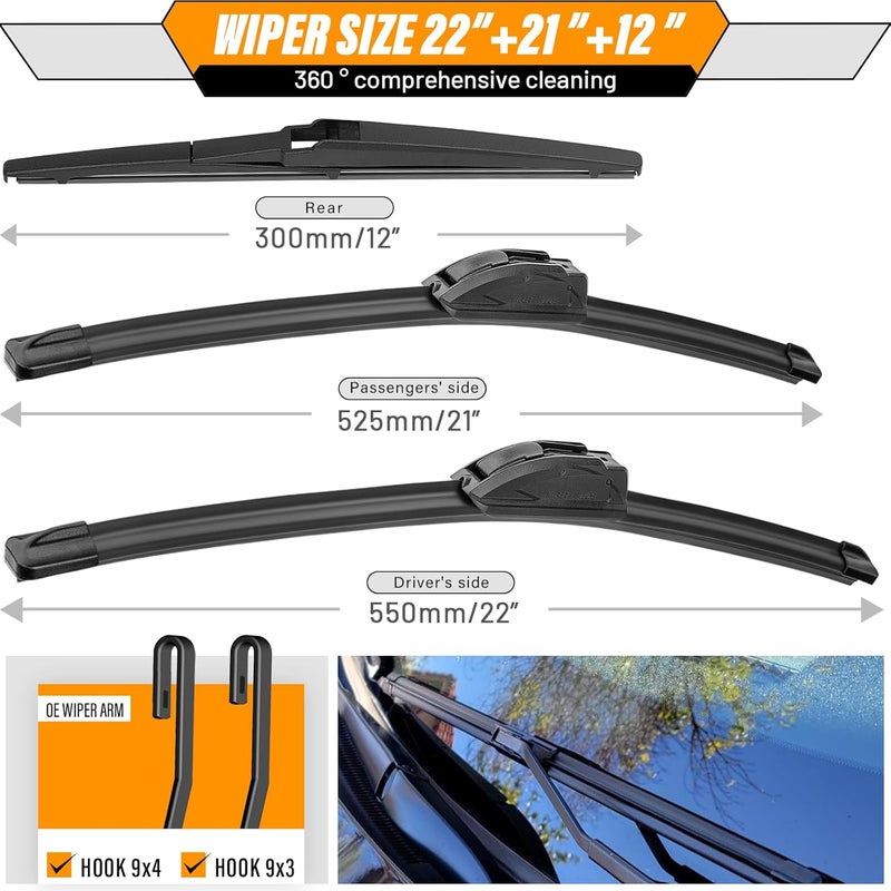 AUTOBOO 22in+21in Replacement Original Factory Quality Windshield Wipers with 12in Rear (Pack of 3) - Image 3