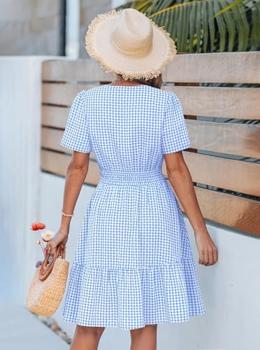 popvil Women Summer Mini Gingham Dress 2026 Spring A Line Casual Sun Dress Short Sleeve Beach Vacation Boho V Neck Short Dress Garden Party(Light Blue,Medium) - Image 3