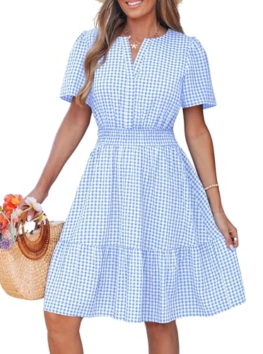 popvil Women Summer Mini Gingham Dress 2026 Spring A Line Casual Sun Dress Short Sleeve Beach Vacation Boho V Neck Short Dress Garden Party(Light Blue,Medium) - Image 1