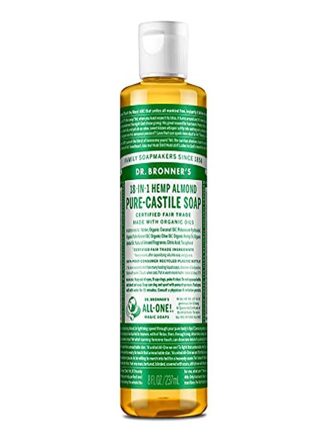 Dr. Bronner's صابون سائل نقي من القشتالة (اللوز، 8 أونصة) - مصنوع من زيوت عضوية، 18 استخدامًا في 1: الوجه والجسم والشعر والغسيل والحيوانات الأليفة والأطباق، مركّز، نباتي، غير معدّل وراثيًا - Image 1