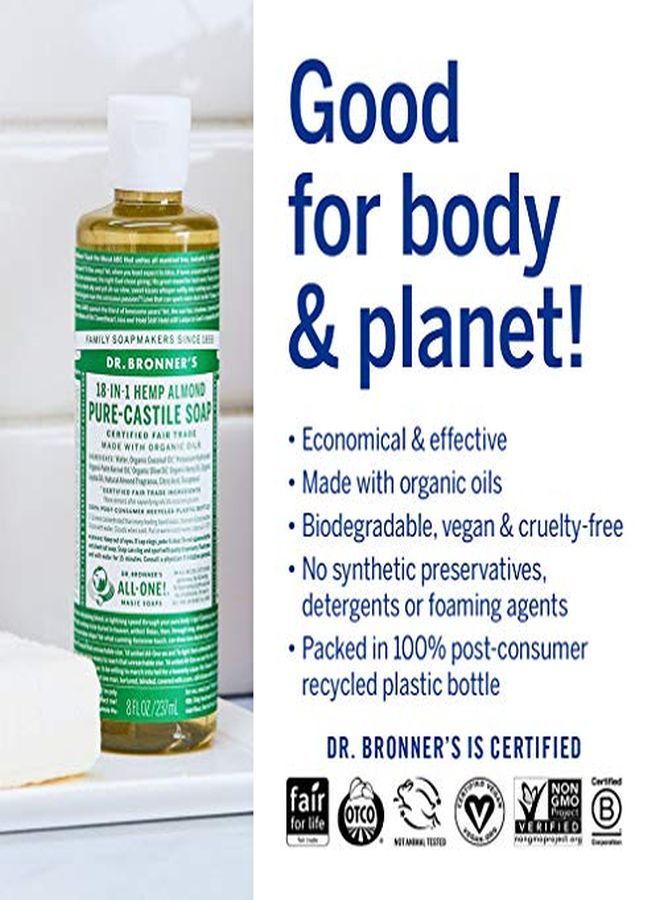 Dr. Bronner's صابون سائل نقي من القشتالة (اللوز، 8 أونصة) - مصنوع من زيوت عضوية، 18 استخدامًا في 1: الوجه والجسم والشعر والغسيل والحيوانات الأليفة والأطباق، مركّز، نباتي، غير معدّل وراثيًا - Image 4