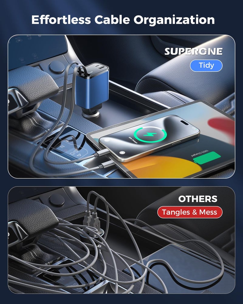 SUPERONE [2024 Upgraded] 4 in 1 Retractable Car Charger, SUPERONE Smaller Fast Car Phone Charger 69W with Cord, USB C and iPhone Car Charger Adapter, Compatible iPhone 17/17 Pro Max/16/15/14/13, Sumsung - Image 2