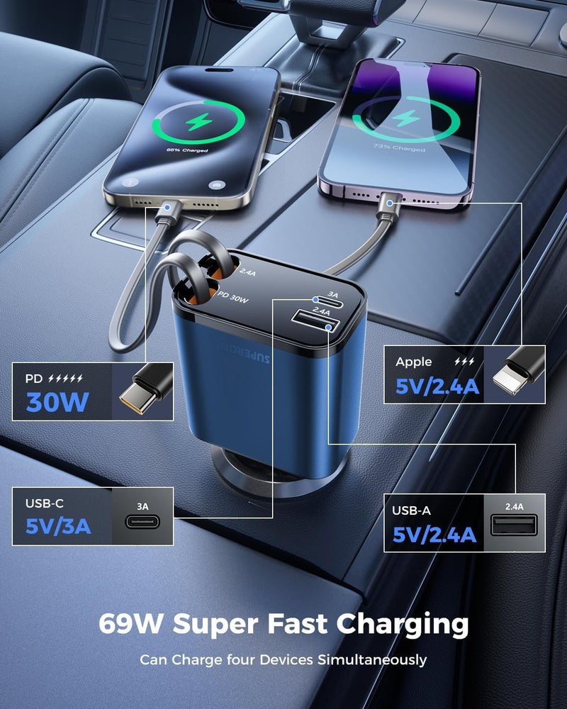 SUPERONE [2024 Upgraded] 4 in 1 Retractable Car Charger, SUPERONE Smaller Fast Car Phone Charger 69W with Cord, USB C and iPhone Car Charger Adapter, Compatible iPhone 17/17 Pro Max/16/15/14/13, Sumsung - Image 5