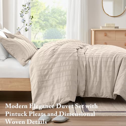 Madison Park Essentials Striped Duvet Cover Set Queen, Modern Minimalist Bedding Set with Premium Jacquard Stripe, 3 Pieces Duvet Cover Reversible with Zipper Closure & Corner Ties,Neutral - Image 2