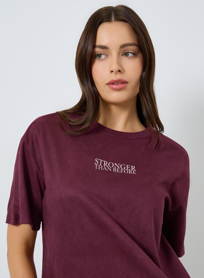 Styli Burgundy Oversized Slogan T-Shirt - Image 1