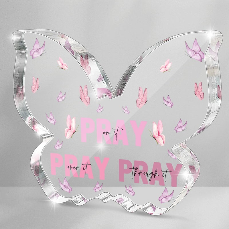 zaxek Pink Christian Gifts for Women, Religious Plaques Christian Woman Decor Gifts, Modern Home Office Room Bathroom Bedroom, Pray On It Over It Acrylic Sign for Teacher Boss Friend(Butterfly) - Image 1