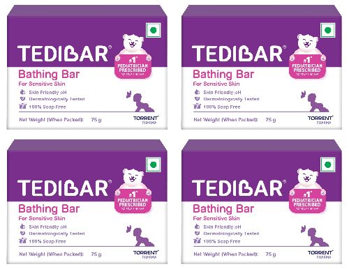 Tedibar Moisturising Baby Bathing Bar with Skin Friendly PH|100% Soap Free|Prevents Dryness & Rashes|Dermatologically Tested 75gm x Pack of 4 - Image 1