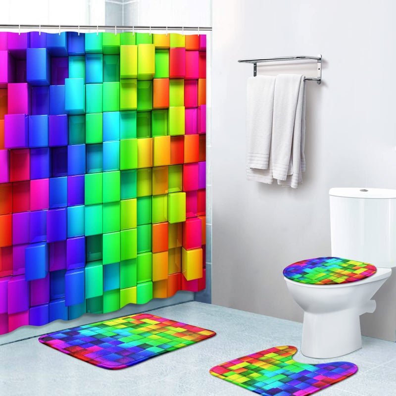 Britimes Britimes 4 Piece Shower Curtain Sets with 12 Hooks Rainbow Colorful Boxes Cube Random with NonSlip Rugs Toilet Lid Cover and Bath Mat for Bathroom Decor Set 72 x 72