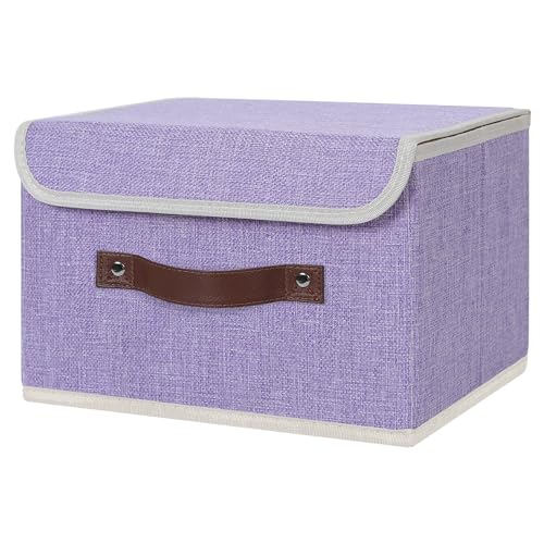 ANMINY Storage Bin with Lid Storage Boxes with PU Leather Handles PP Plastic Board Decorative Foldable Lidded Cotton Linen Fabric Home Cubes Baskets Closet Organizer Container Purple Small Size - Image 1