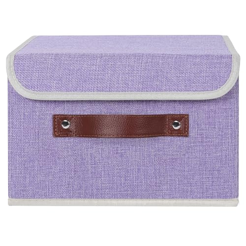 ANMINY Storage Bin with Lid Storage Boxes with PU Leather Handles PP Plastic Board Decorative Foldable Lidded Cotton Linen Fabric Home Cubes Baskets Closet Organizer Container Purple Small Size - Image 3
