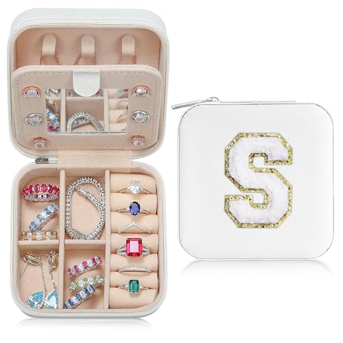 Parima Bridesmaid Gifts for Wedding Day, Women | Proposal Unique Travel Essentials Small Jewelry Box Case-Initial S White - Image 1
