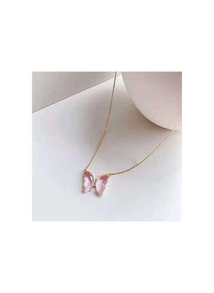 Julia Store - Dainty Butterfly Pendant Necklace for Women 18K Gold filled Minimalist Cubic Zirconia Butterfly Pendant Cute Gold Chain Necklaces for Women Pink - Image 1